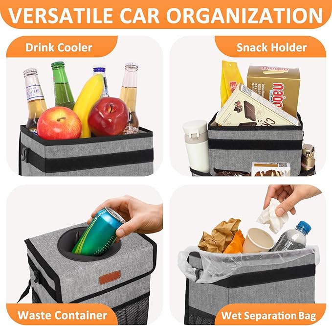 3 Gallons Car Trash Can with Lid, Car Trash Bag Bin Hanging Waterproof Automotive Garbage Cans Leak Proof Vehicle Can Grey
