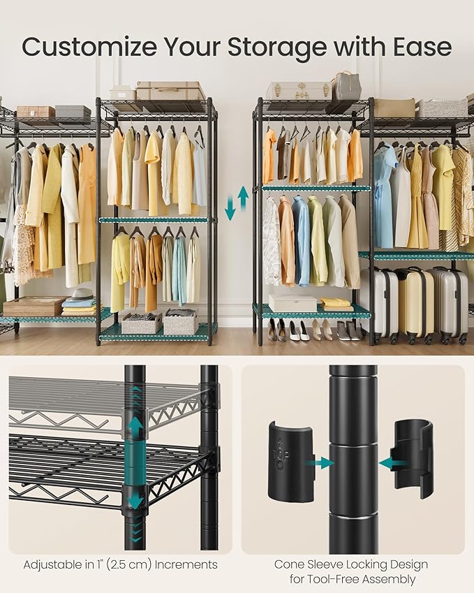SONGMICS Heavy-Duty Clothes Rack, Garment Rack, Portable Closet, 68.7-Inch Wide Clothing Rack with Adjustable Mesh Shelves an