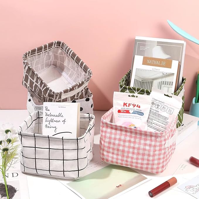 Foldable Storage Basket - Set of 6 Small Collapsible Canvas Containers Organizers with Handle for Home Decor or Storing Toys,