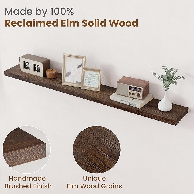 Floating Shelves for Wall Decor, 8 Inch Deep Rustic Solid Elm Wood Floating Shelves Wall Mounted, Wall Shelves with Invisible