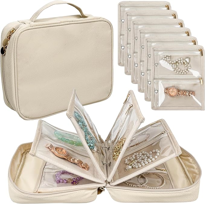 Travel Jewelry Organizer Case,Jewelry Bags for Traveling, Jewelry Binder with 24 Pcs Clear Zipper Velvet Pouches for Storing 