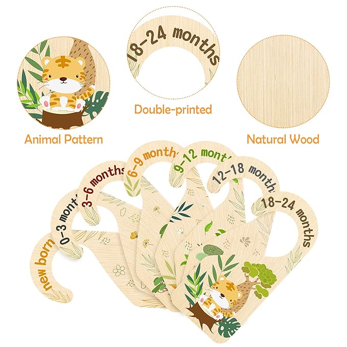 R HORSE 8Pcs Safari Baby Closet Dividers, Double Sided Nursery Hanger Dividers Wood Baby Closet Size Organizers for Boy Girl 