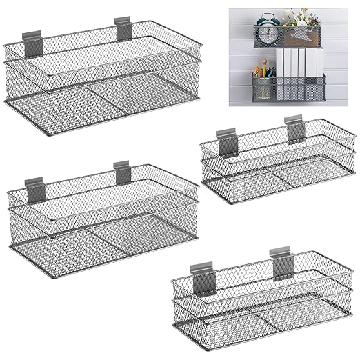 Barydat 4 Pcs Slatwall Basket Set Ventilated Metal Slatwall Basket Hanging Wire Bins Wall Mounted Accessories for Panel Garag
