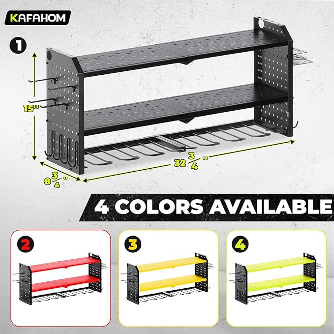 KAFAHOM Power Tool Organizer，Large 8 Drill Holder Wall Mount ，Heavy Duty Metal Tool Shelf with 12 Hooks，Storage Rack for Gara