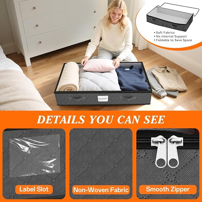SpaceWhisper 90L Under Bed Storage Containers, 4-Pack Storage Bins with Clear Top, Foldable Closet Organizers and Storage wit