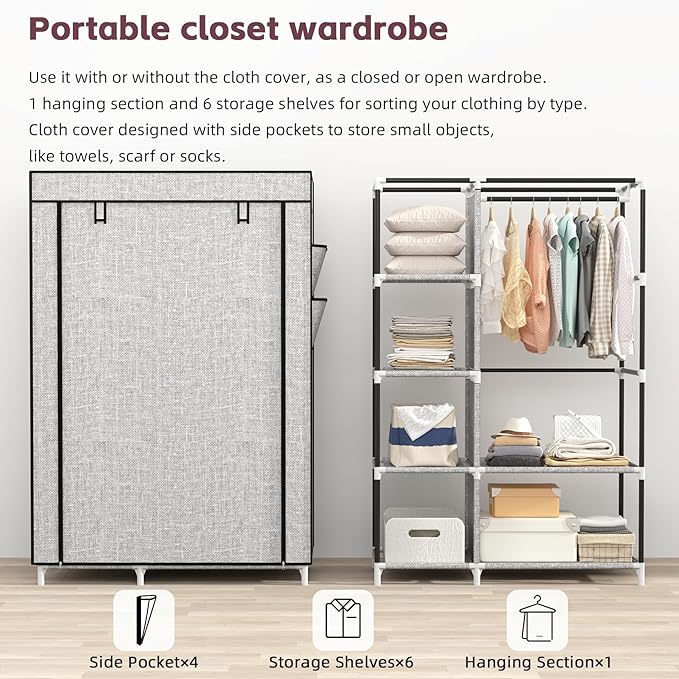 Calmootey Portable Closet Organizers, Clothing Storage, Wardrobe with 6 Shelves and Hanging Rod, Non-Woven Fabric Cover with 