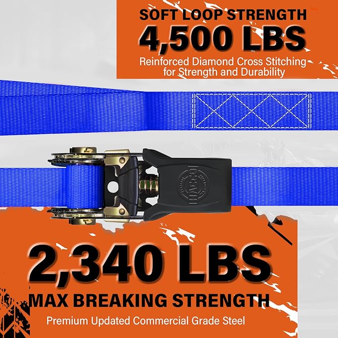 Ratchet Tie Down Straps, 2340lb Break Strength, 4pc 1inch x 16FT Ratchet Strap Set with Padded Handles & Coated S Hook W/Safety Clip, Cargo Strap Tie-Down for Motorcycle, Truck (Blue)