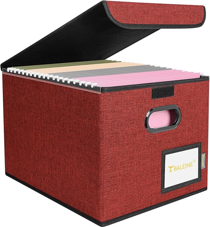 BALEINE File Organizer Box with Lid, Collapsible File Folder Organizer with Plastic Slide, Hanging File Folder Box for Office