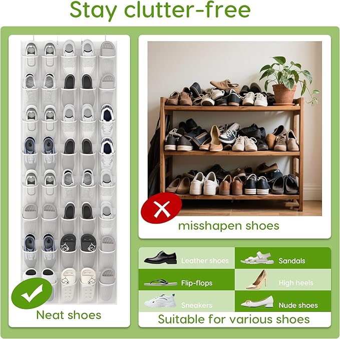 Unjumbly Over the Door Shoe Organizer with 40 Large Breathable Mesh Pockets, Space Saving Shoe Holder, Hanging Shoe Rack for 