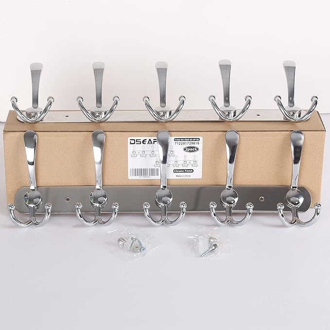 Dseap Wall Mounted Coat Rack - 5 Tri Hooks, Heavy Duty, Stainless Steel, Metal Coat Hook Rail for Coat Hat Towel Purse Robes 