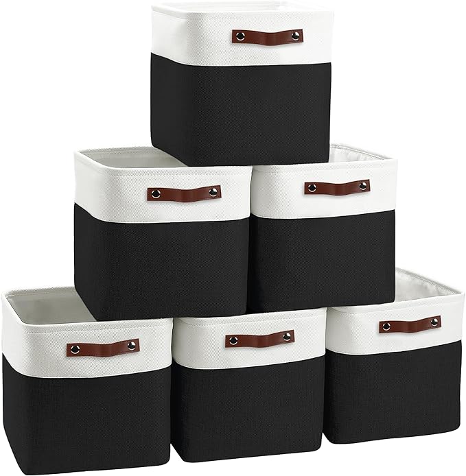 FinishingBo Cube Storage Baskets 6 Pack, 11x11 inch Cube Storage Bins with Leather Handles for Shelf Closet (White/ Black)