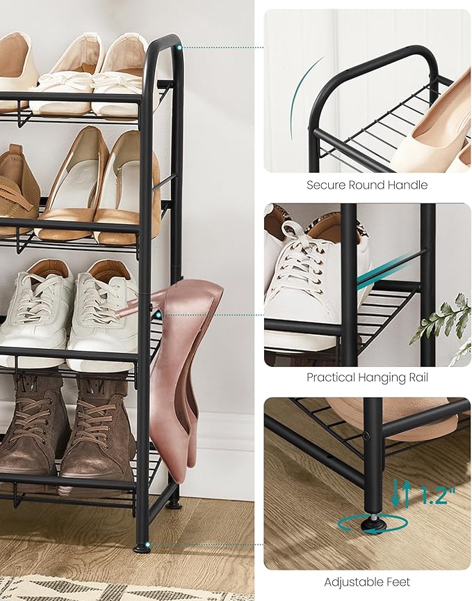 SONGMICS Stackable Shoe Rack, 4 Tier Metal Shoes Rack Storage Shelf, Holds up to 16 Pairs Shoes, Adjustable Slanted Shelves S