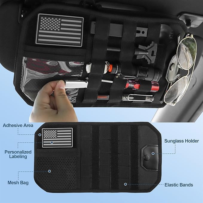 Car Visor Organizer with Zipper Multi-Pockets & Sunglass Holder Molle Car Sun Visor Organizer Universal Fit for Trucks, SUVs, Jeeps & Patrol Vehicles