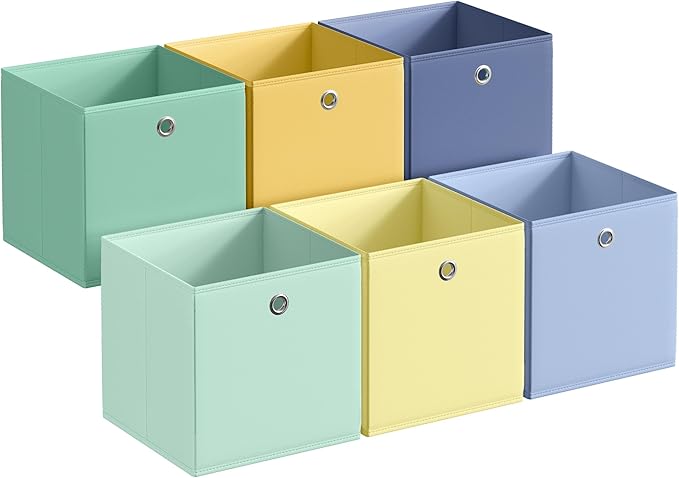 SONGMICS Storage Cubes, Set of 6 Odorless Foldable Storage Boxes, 13 x 13 x 13 Inches, Closet Organizers for Shelf, Rainbow S