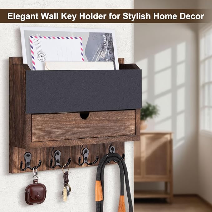 Mail and Key Holder Wall Mount with Storage Drawer – Modern Wooden Mail Organizer for Wall Entryway, 7 Key Hooks & Chalkboard