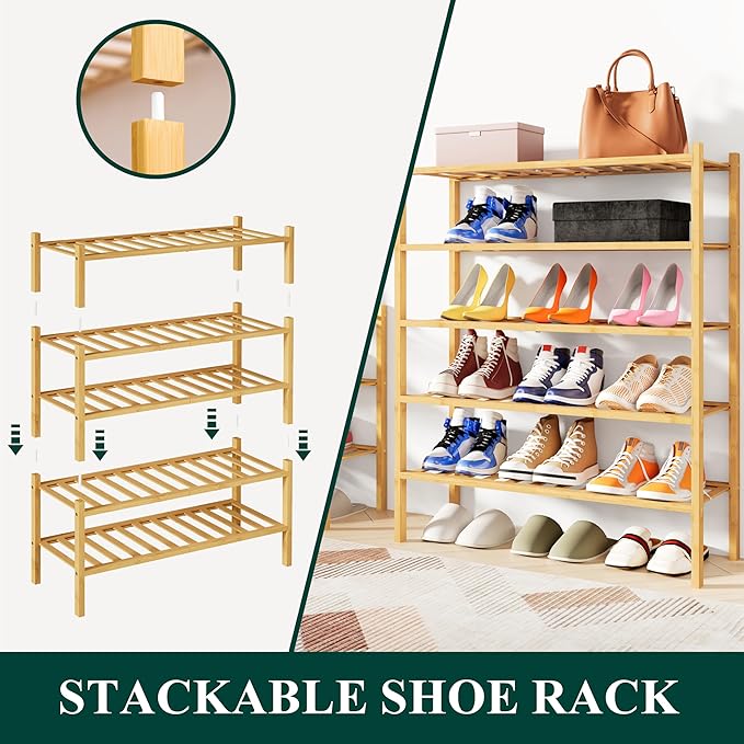 Smiry Shoe Rack, 3 Tier Bamboo Shoe Organizer, Stackable Free Standing Wooden Shoe Storage Shelf for Closet, Entryway, Front 