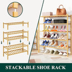 Smiry Shoe Rack, 3 Tier Bamboo Shoe Organizer, Stackable Free Standing Wooden Shoe Storage Shelf for Closet, Entryway, Front 