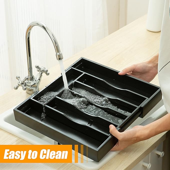 Bellsal Black Silverware Organizer Kitchen Drawer Organizer Expandable Bamboo Utensil Holder Cutlery Tray for Kitchen Utensil