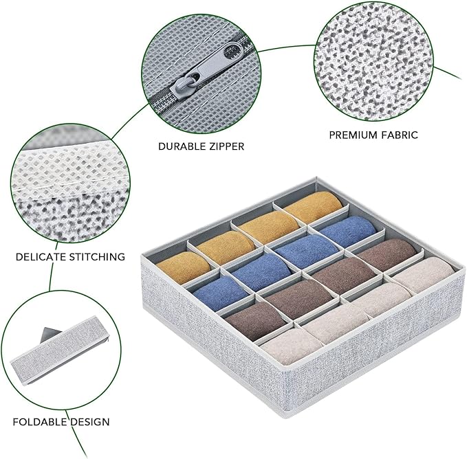 Joyoldelf Sock Drawer Organizer Divider Underwear Organizer 16-cell Fabric Dresser Drawer Organizers Storage Boxes for Socks 