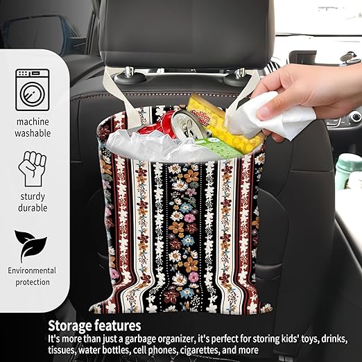Car Garbage Can, Seat Back Hanging Cute Car Trash Can Bag, Car Organizer and Storage Bag for Travelling, Outdoor Colorful Boho Flower Stripe