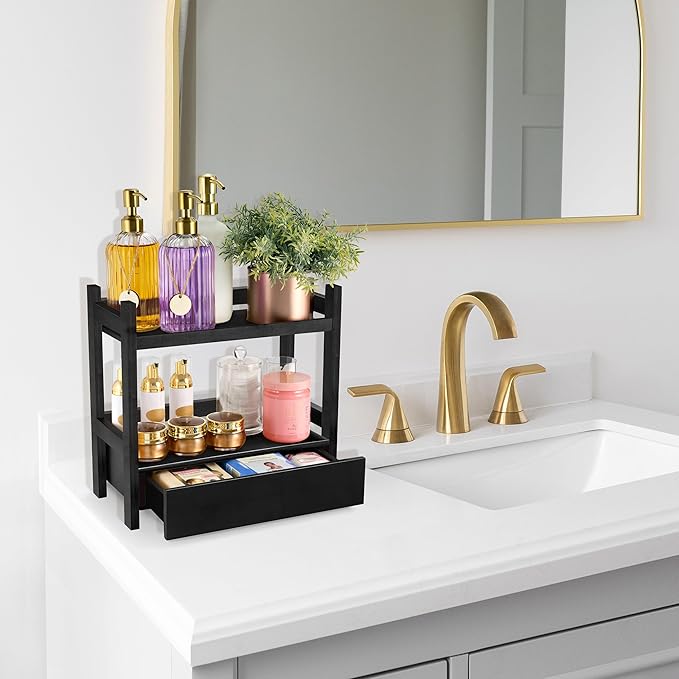 Sorbus Bamboo Bathroom Counter Organizer – 2-Tier Shelf with Hidden Drawer for Vanity, Matcha Station, Bathroom Sink Organize