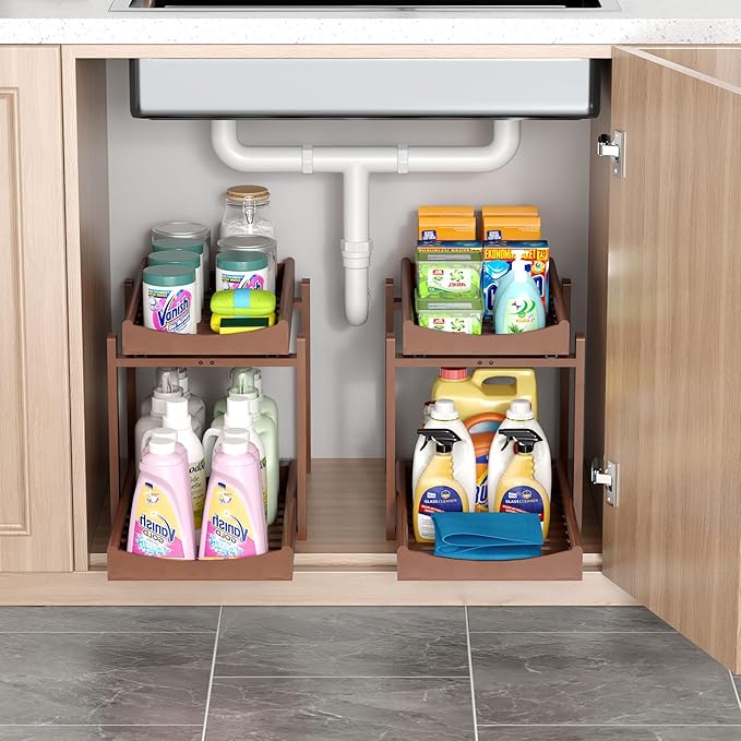Bamboo Under Sink Organizer and Storage, 2 Pack Pull Out Cabinet Organization, 2 Tier Vertical Slide Out Undersink Storage Sh