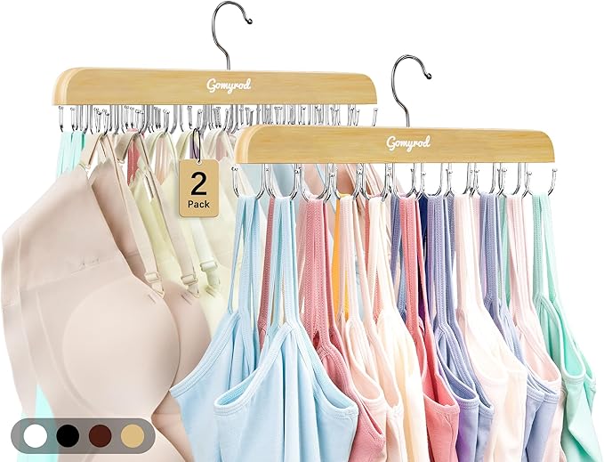 Gomyrod Bra Hanger for Closet, Tank Top Hangers 2 Pack w/20 Hooks Holds 40 Bras, Capacity Foldable Wood Space Saving Hanger, 