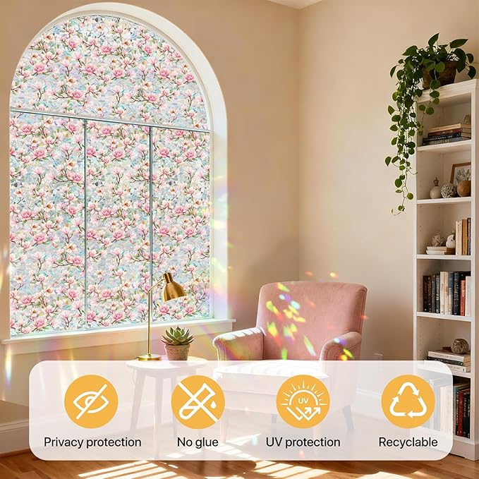 Pink Magnolia Window Privacy Film Rainbow Film Decorative, 3D Static Stained Glass Window Cling for Glass Door Room Wedding Valentines Stickers, 16.9" x 39.4"