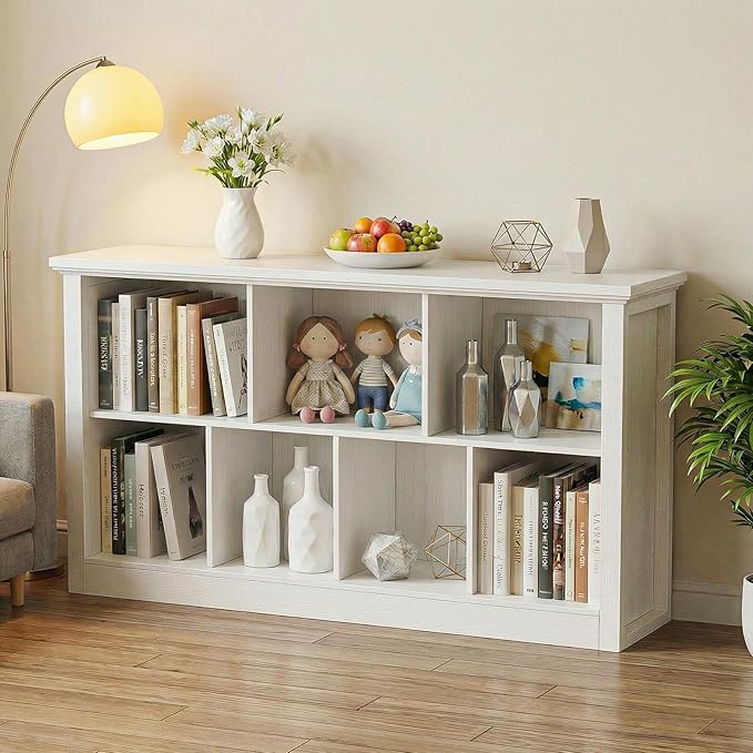 Unikito 7 Cube Storage Book Shelf - 50" Wide Wood Cube Storage Organizer, Wooden 2 Tiers Floor Standing Low Bookcase for Livi