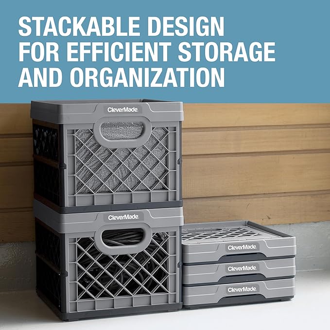 CleverMade Collapsible Milk Crate 25L (6.6 Gal) 3 Pack, 50 lb Capacity Heavy Duty Folding Crate – Stackable Storage Crates wi