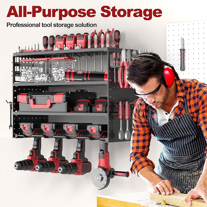 Power Tool Organizer Wall Mount - 4 Layer Metal Power Tool Storage Rack, Cordless Drill Holder with 4 Hooks, Utility Storage 