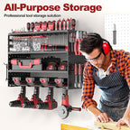 Power Tool Organizer Wall Mount - 4 Layer Metal Power Tool Storage Rack, Cordless Drill Holder with 4 Hooks, Utility Storage 