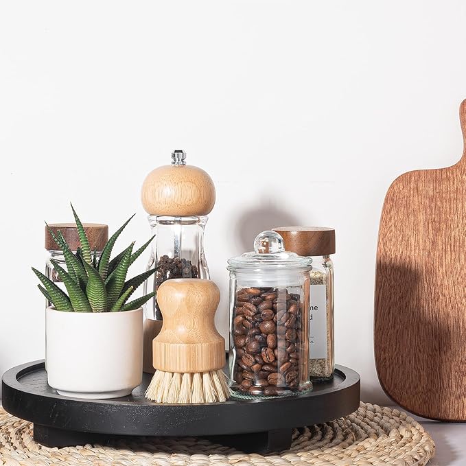 Round Decorative Tray Wood Bathroom Counter Organizer Farmhouse Kitchen Decor Wooden Riser for Soap Dish, Perfume, Candle, Sp