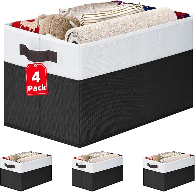 Criusia Large Storage Bins for Shelves 4 Pack, Closet Storage Baskets for Clothes Blanket Beddings Towels, Collapsible Fabric
