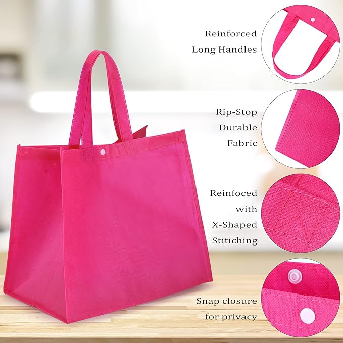 Boao 48 Pack Reusable Grocery Bags 13''L x 9.4''W x 15''H Large Foldable Shopping Tote Bag Non Woven with Handle and Button