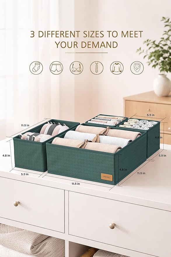 Clothes Organizer, Transform Your Drawers in Seconds - Green Set of 6 Foldable Storage Boxes with Zipper, Durable 600D Fabric