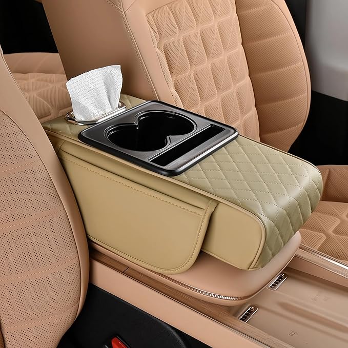 FREESOO Car Center Console Cover, Leather Armrest Cover for Car, Universal Middle Console Cushion with Storage Box, Cup Holder, Tissue Box & Phone Slot, Luxury Waterproof Interior Accessories, Beige
