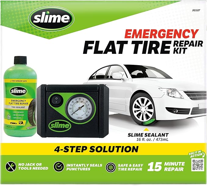 Slime 50107 Flat Tire Puncture Repair, Smart Spair, Emergency Kit For Car Tires, Includes Sealant And Tire Inflator Pump, Sui