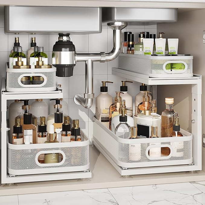 2 Pack 18.5IN-Depth Under Sink Organizer With Next-Gen Ball-Bearing Slides,2-Tier Precision Mesh Pull Out Cabinet Storage for