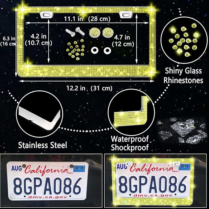 NBTEPEM 27 PCs Yellow Bling Car Accessories Set for Women, Steering Wheel Covers Universal Fit 15 Inch, Bling License Plate Frame, Bling Phone Holder, Bling Car Coasters (Yellow Diamond)