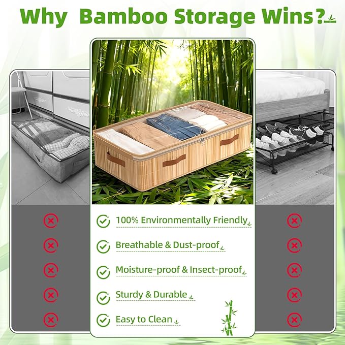 Livole Bamboo Under Bed Storage, 6 inches Underbed Storage Containers, 56L XXL Under Bed Storage Bins with Clear Lid & Label 