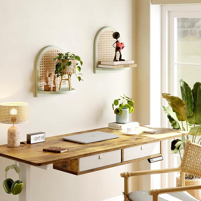 Rattan Shelf Set of 2, 7'' Rattan Shelf with Wicker Decor, Boho Wall Decor Small Floating Shelf for Plant Figurines Display, 