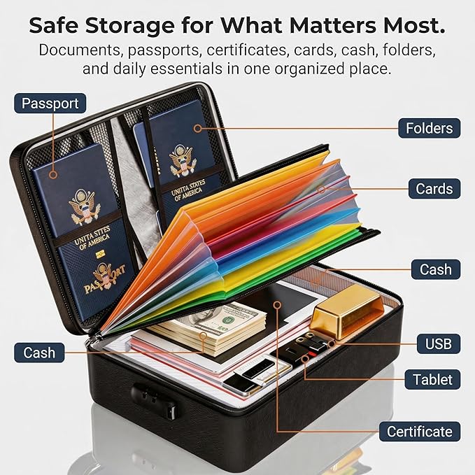 Fireproof Document Box (Soft-Shell) with Lock, 5200°F Fireproof & Water-Resistant File Organizer for Important Documents, Cer
