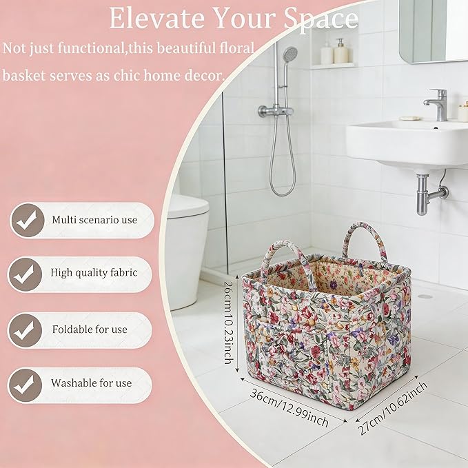 Quilted Laundry Basket with Handles - Multi-Purpose Fabric Storage Basket，Boho Fabric Storage Baskets with Handles for Car, H
