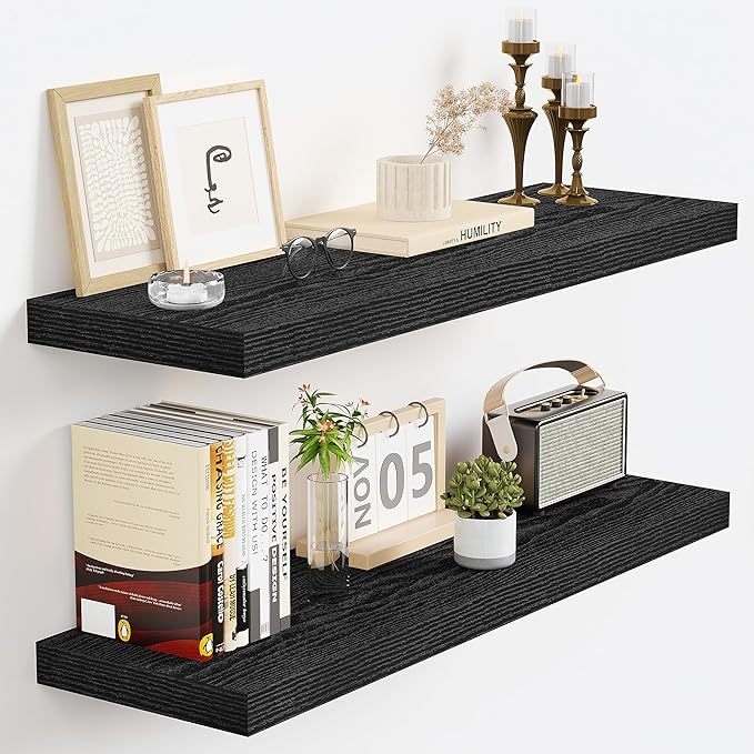Vivelove Floating Shelves 24 Inch, Black Wall Shelves Over Toilet with Invisible Brackets for Bathroom Living Room Kitchen Be