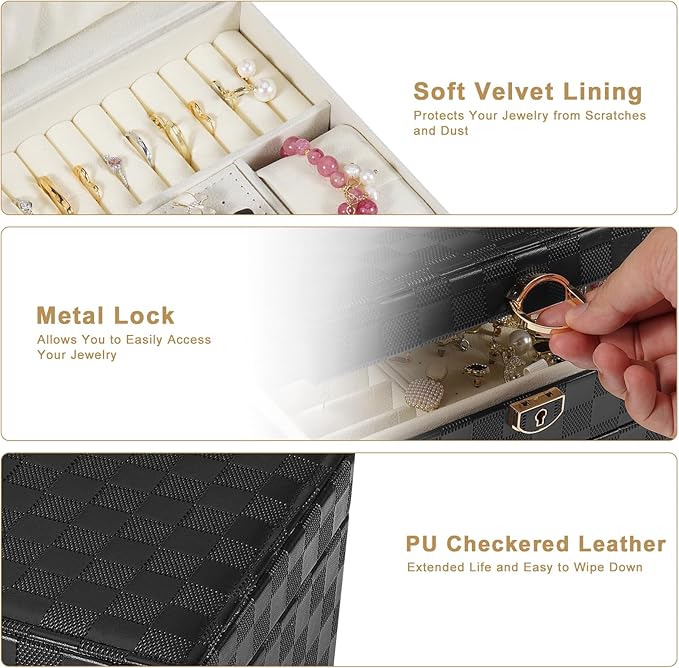 GUOER Jewelry Box for Women Girl Wife - Large PU Leather Jewelry Organizer Storage Case with 3 Layers Display for Earrings Br