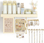 SOLIMINTR Hanging Jewelry Organizer Wall Mount with Rustic Wood Shelf, Ring Display Box, Ear Studs Earring Holder, Rotating N