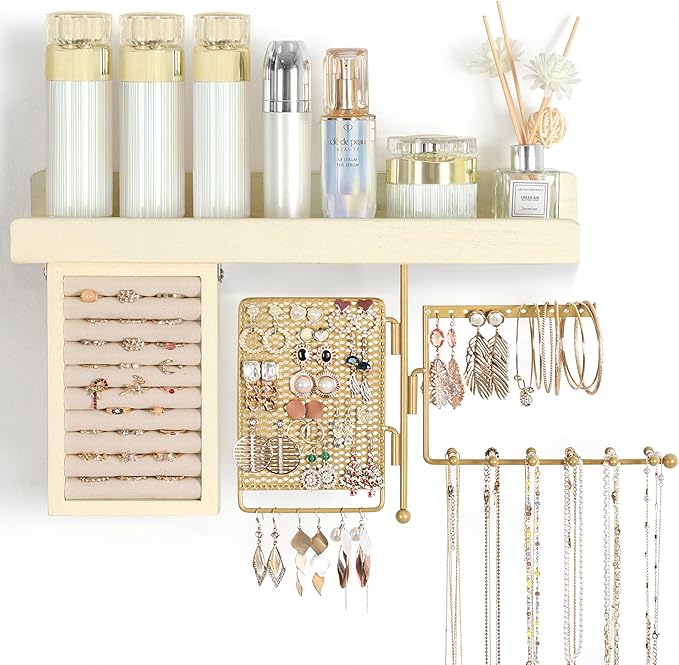 SOLIMINTR Hanging Jewelry Organizer Wall Mount with Rustic Wood Shelf, Ring Display Box, Ear Studs Earring Holder, Rotating N