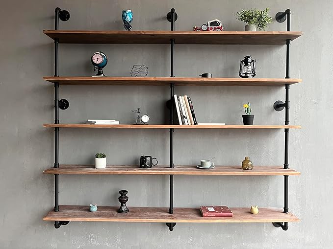 Industrial Pipe Shelf Shelving Bookcase, Wall Mounted Rustic Bookshelf 60 Inch, Floating Bookshelves for Wall,Retro Wood Meta