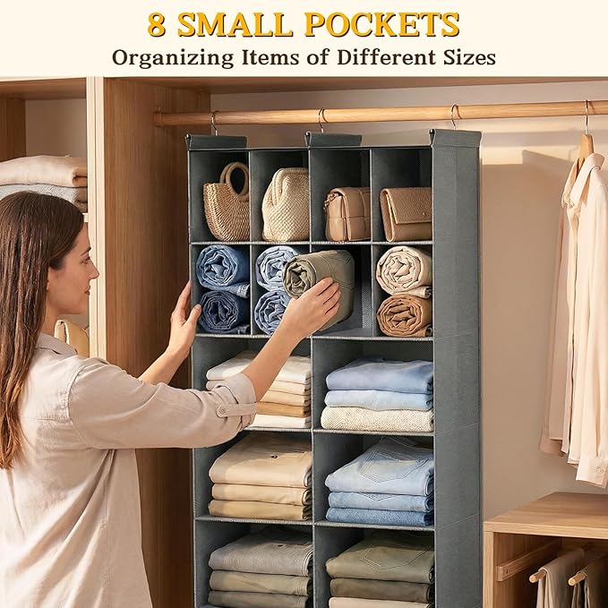 Ofiray-home 5 Tier Hanging Closet Organizer, 14 Compartments Sweater Organizer for Closet with 3 Sturdy Hooks, Closet Organiz